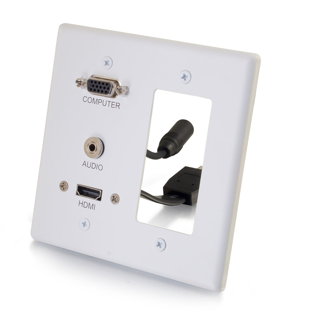 HDMI, VGA and 3.5mm Audio Pass Through Double Gang Wall Plate with One Decorative Cutout - White