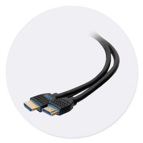 Gray circle background with C2G Performance Series HDMI cable