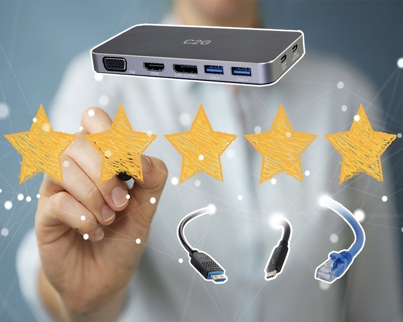 Image of a person's hand drawing 5 gold stars with a docking station above, and an HDMI cable, Thunderbolt cable and ethernet cable below